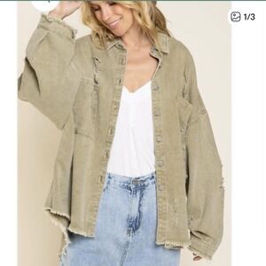 POL | Distressed Shirt Jacket Shacket in Faded Olive, size Large